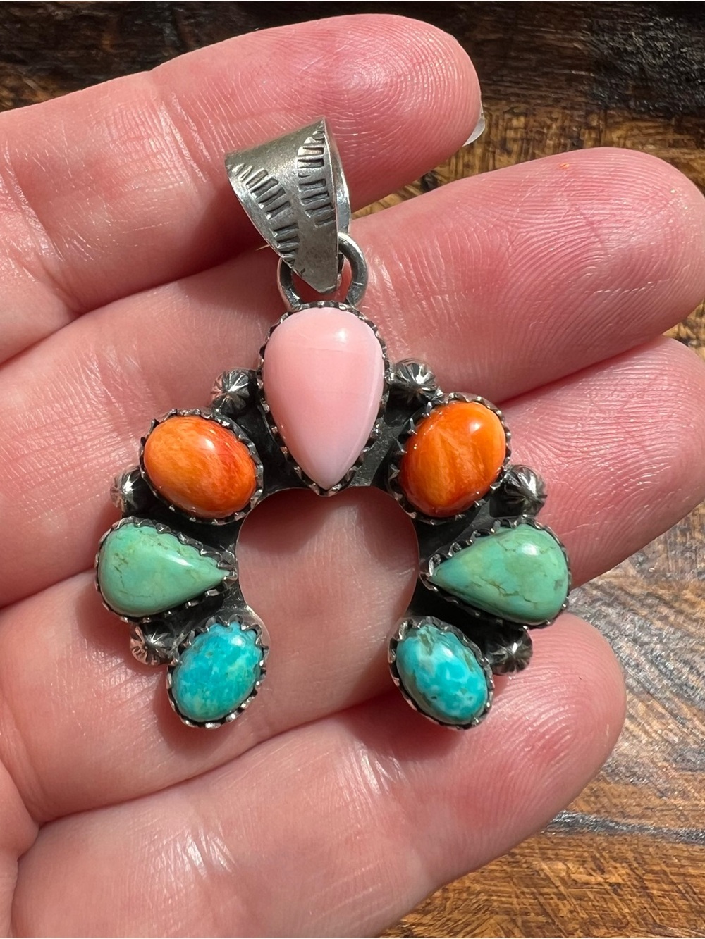 Sterling Silver Multi Stone Naja Pendant Kingman Turquoise Pink Conch Spiny - Picture 6 of 12